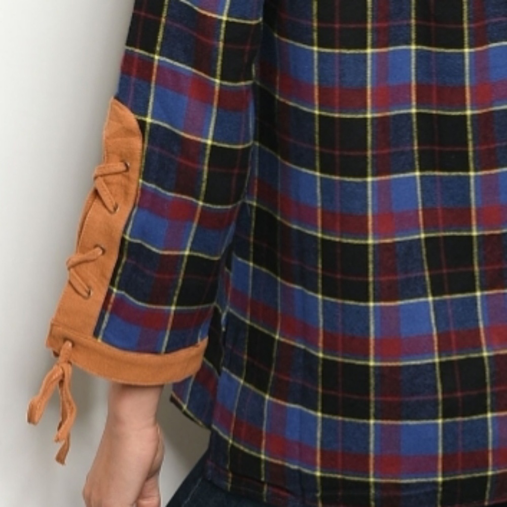 💙Plaid Flannel Western Suede Laceup Top - Picture 3 of 4
